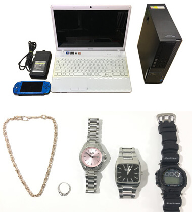 PC、タブレット、ガラケー、ゲーム機、貴金属、時計を入れる。